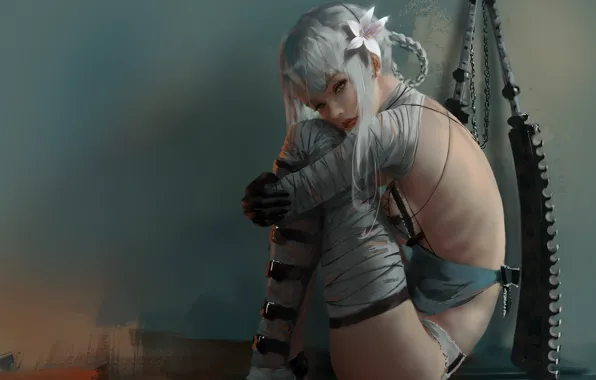Грусть, взгляд, girl, девушка с оружием, поза сидит, рисунок акварелью, девушка рисунок