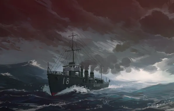 Море, Рисунок, Корабль, IJN destroyer Amatsukaze