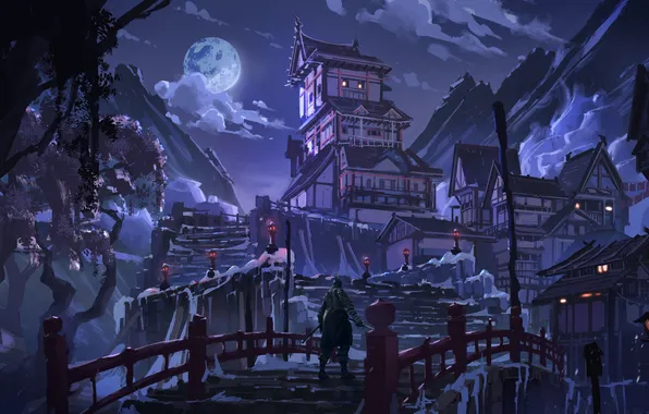 Night, people, houses, oriental style