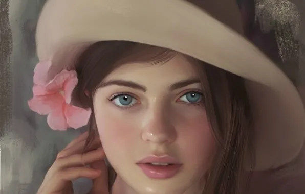 Лицо, рука, голубые глаза, в шляпе, цветок в волосах, портрет девушки