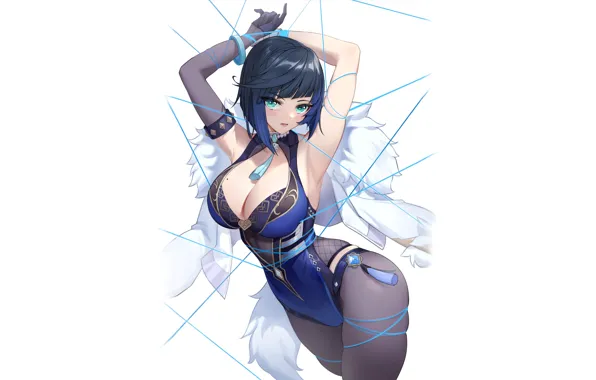 Girl, hot, sexy, blue, anime, short hair, babe, armpit