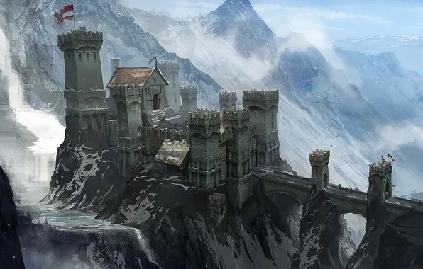 Картинка снег, горы, мост, люди, замок, форт, concept art, inquisition