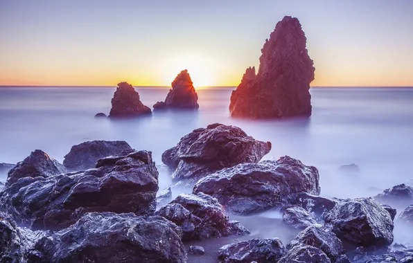 Закат, океан, скалы, California, Rodeo Beach, Marin Headlands