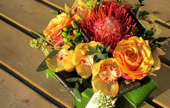 Доски, розы, букет, орхидеи, Roses, Orchid, lovely, Bouquets