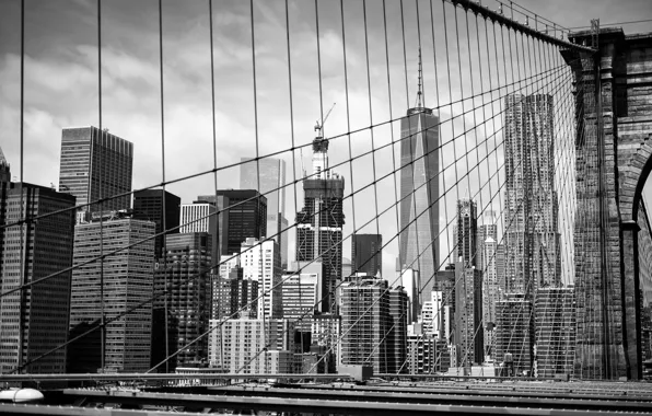 Здания, черно-белое, Brooklyn, Manhattan, New York City, Brooklyn Bridge