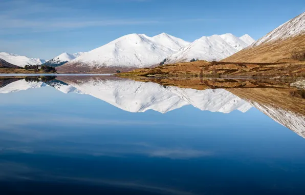 Небо, горы, озеро, отражение, Шотландия, Scotland, United Kingdom, Cluanie Lodge
