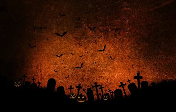 Картинка Ночь, Тыквы, Halloween, Хеллоуин, Кладбище, Могилы, Летучие мыши