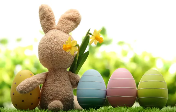 Картинка трава, цветы, природа, праздник, игрушка, заяц, яйца, весна