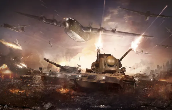 Картинка взрывы, бой, сражение, танки, самолёты, warthunder, Wildcats under fire