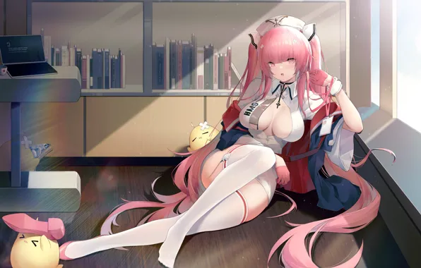 Girl, sexy, cleavage, thighhighs, pink hair, long hair, dress, boobs