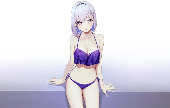 Girl, sexy, cleavage, boobs, anime, beautiful, short hair, purple eyes