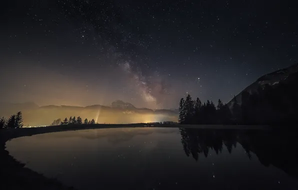 Картинка звезды, горы, ночь, озеро, Австрия, млечный путь