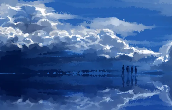 Небо, облака, отражение, девушки, аниме, арт, парни, vocaloid