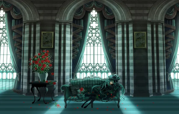 Картинка девушка, цветы, замок, диван, темный, розы, лежит, решетки