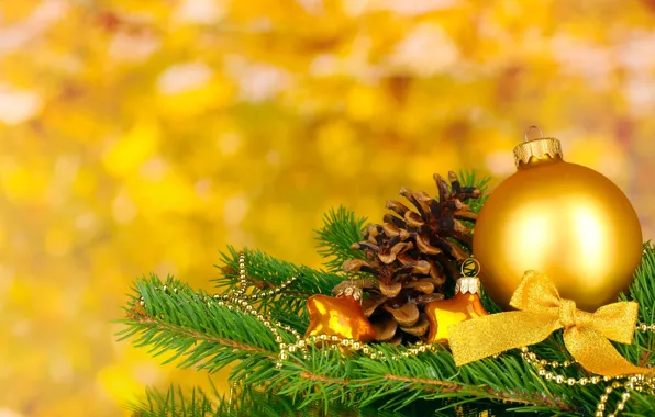 Картинка желтый, фон, праздник, шары, обои, игрушки, елка, новый год, рождество, размытие, wallpaper, new year, шишка, …