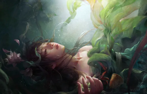 Вода, девушка, водоросли, цветы, ситуация, арт, fantasy