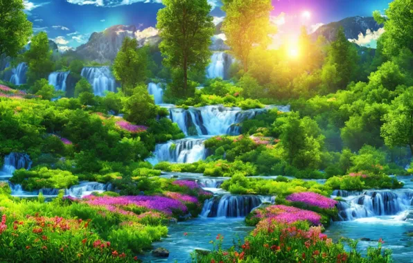 Зелень, лес, лето, солнце, свет, деревья, цветы, природа