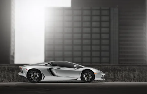 Картинка Lamborghini, ангар, LP700-4, Aventador, silvery, profile