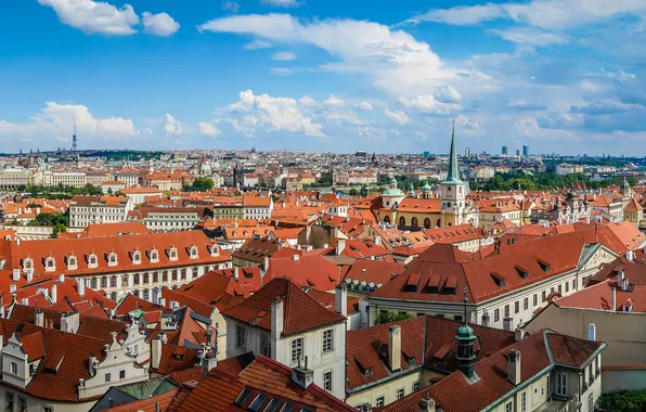Дома, крыши, Прага, Чехия, панорама
