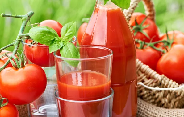 Картинка корзина, бутылка, сок, стаканы, помидоры, томатный