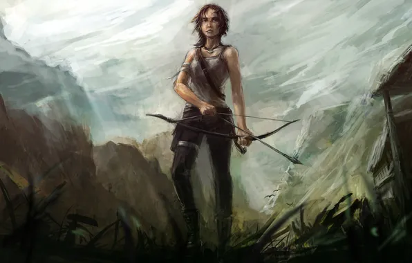 Картинка девушка, рисунок, лук, Tomb Raider, Lara Croft, фан-арт