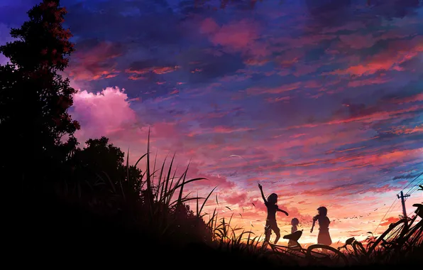 Картинка небо, трава, деревья, птицы, велосипед, дети, Закат