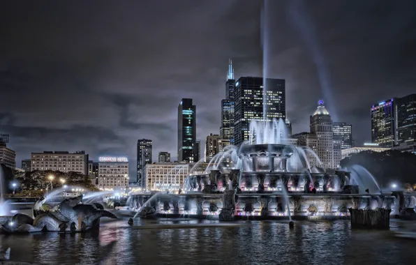 Картинка здания, дома, Чикаго, фонтан, Иллинойс, ночной город, Chicago, Illinois