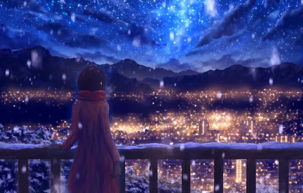 Картинка зима, небо, снег, горы, ночь, город, рисунки, девочка