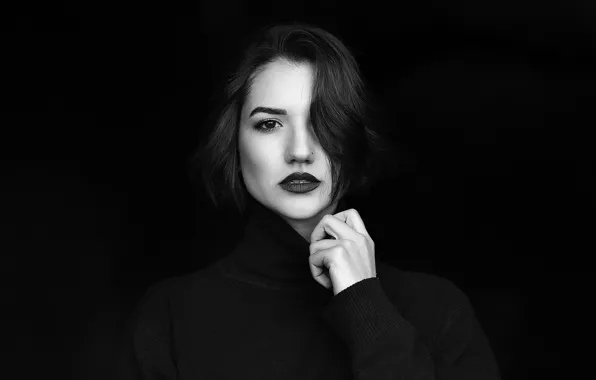 Девушка, лицо, помада, черно белая