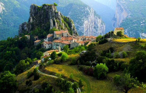 Картинка горы, Франция, дома, деревня, Альпы, городок