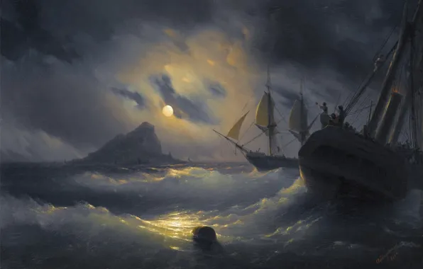 Картина, морской пейзаж, 1844, Иван Айвазовский, Гибралтар Ночью