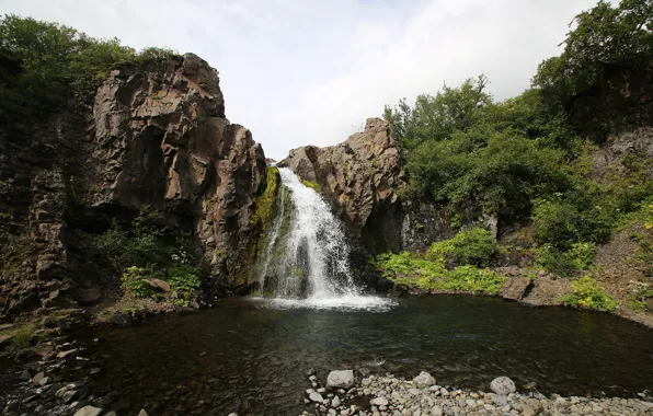 Камни, растительность, водопад, водоём, ICELAND