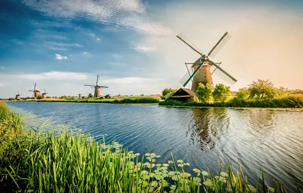 Картинка канал, Нидерланды, ветряная мельница, Роттердам