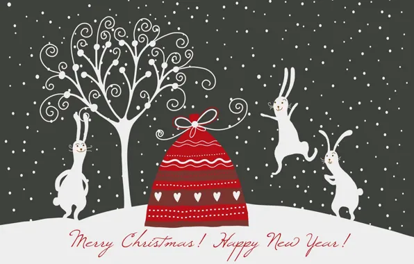 Картинка новый год, рождество, кролики, зайцы, мешок с подарками