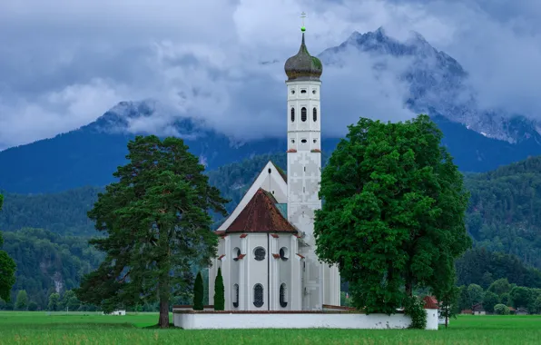 Облака, деревья, горы, Германия, Бавария, Альпы, церковь, Germany