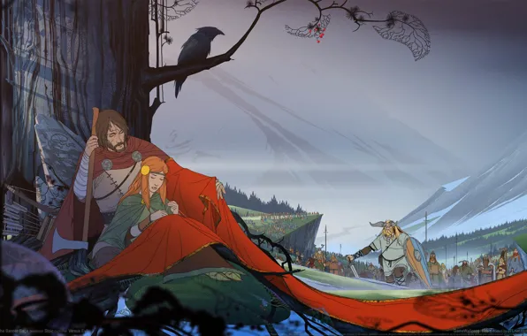 Картинка дерево, фэнтези, пара, войско, сага, game wallpapers, The Banner Saga