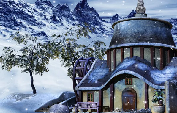 Картинка фото, Зима, Снег, Дом, 3D Графика