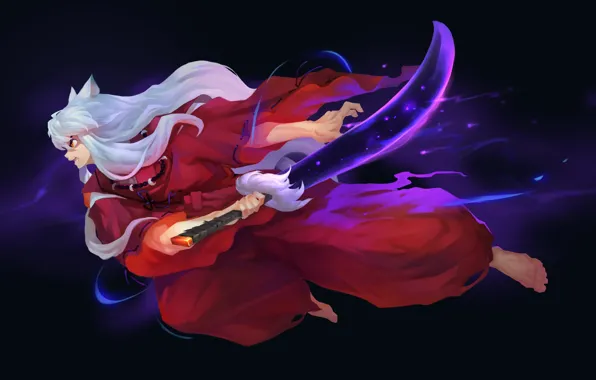 Атака, меч, ушки, полудемон, рукояткa, рывок, красный костюм, Inuyasha