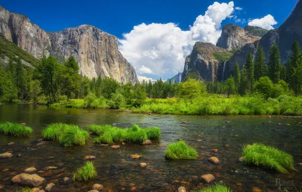 Картинка трава, облака, пейзаж, горы, природа, река, камни, США