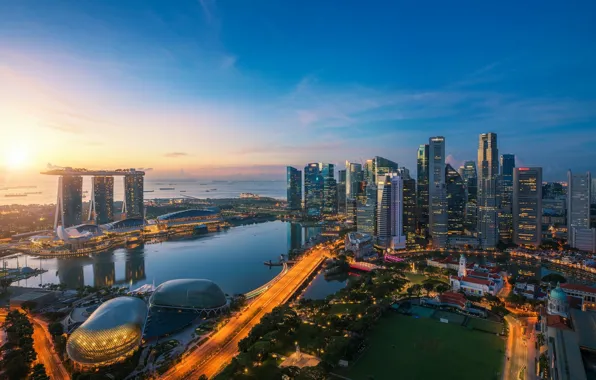 Поле, город, озеро, здания, панорама, Сингапур, Singapore, Singapore city