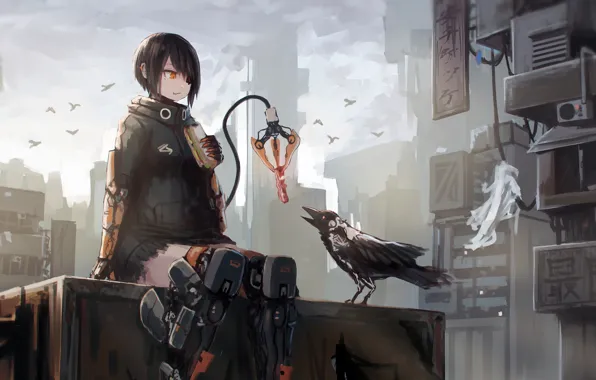 Картинка city, future, girl, fantasy, robot, android, bird, crow
