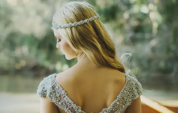Картинка девушка, природа, спина, платье, блондинка, боке