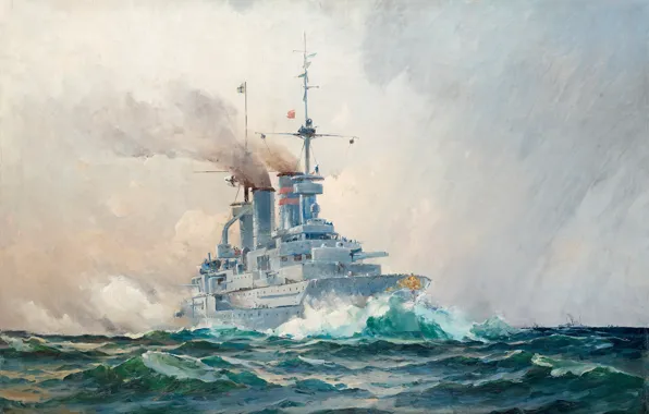 Картинка военный корабль, Герман Густав аф Силлен, шведский морской пейзаж, Немецкий линкор
