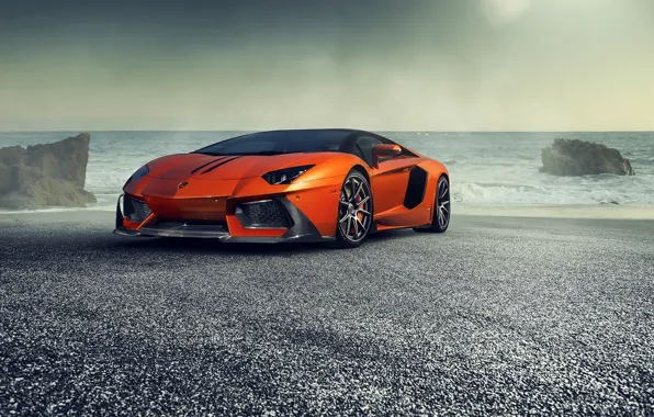 Картинка Lamborghini, Orange, Front, Vorsteiner, Sea, Supercar, Zaragoza, Aventador-V