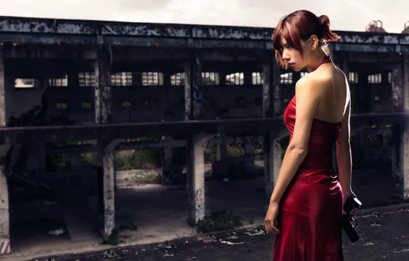 Девушка, пистолет, платье, в красном, Resident Evil