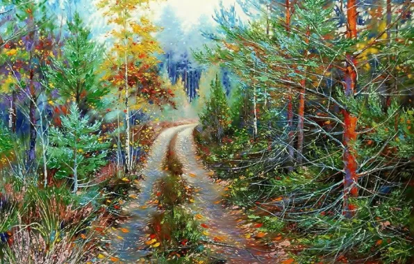 Картинка пейзаж, природа, масло, картина, живопись, холст, лесная дорога, Ходюков