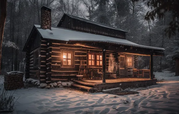 Картинка зима, лес, снег, ночь, house, хижина, forest, night