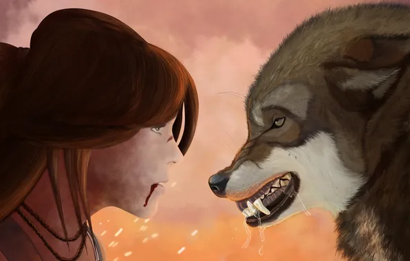 Картинка девушка, лицо, кровь, волосы, волк, хищник, арт, пасть
