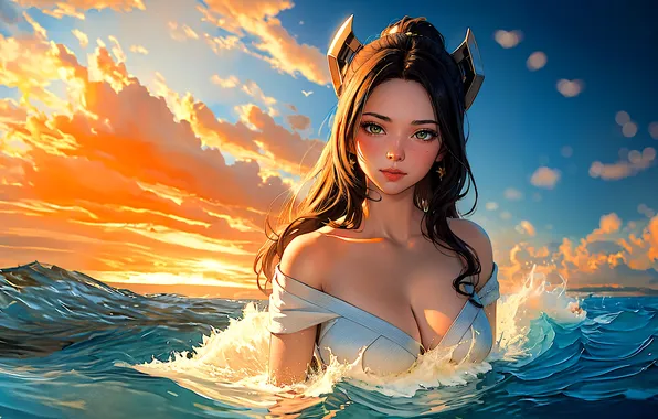 Girl, cleavage, sky, green eyes, sea, sunset, water, crown