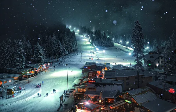 Природа, Лес, Nature, Зимний вечер, Forest, Winter evening, Ski resort, Горнолыжный курорт